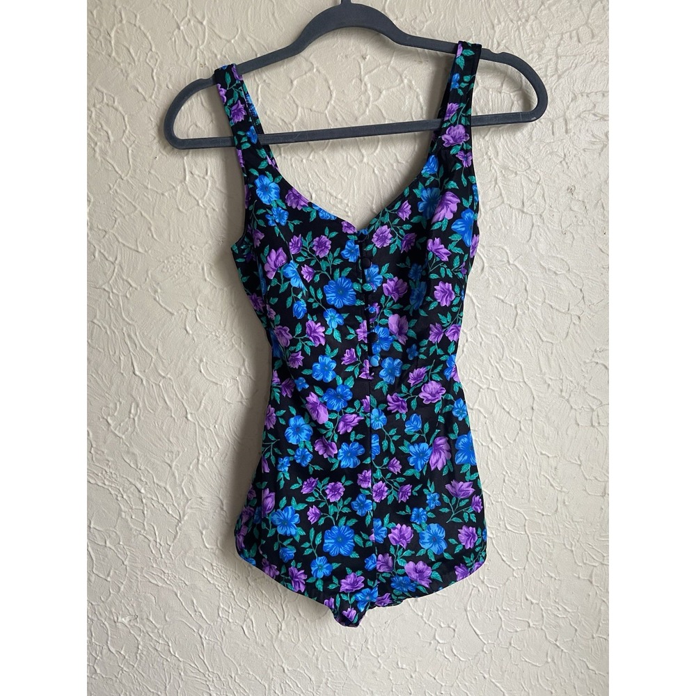 Vtg 70s Maxine of Hollywood Floral One Piece Sz 12 Swimsuit Open Back Retro